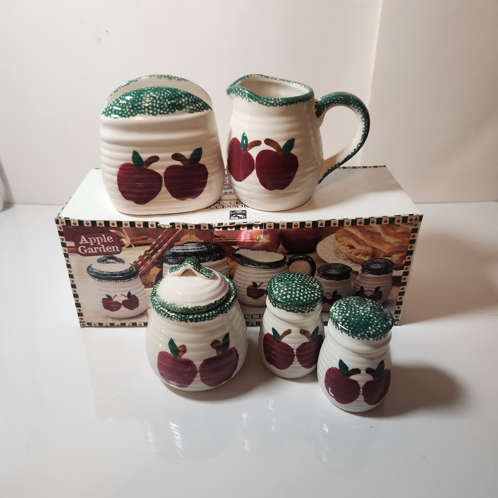 Vintage Alco Apple Garden Ceramic Kitchen Set Creamer Sugar Napkin Salt Pepper
